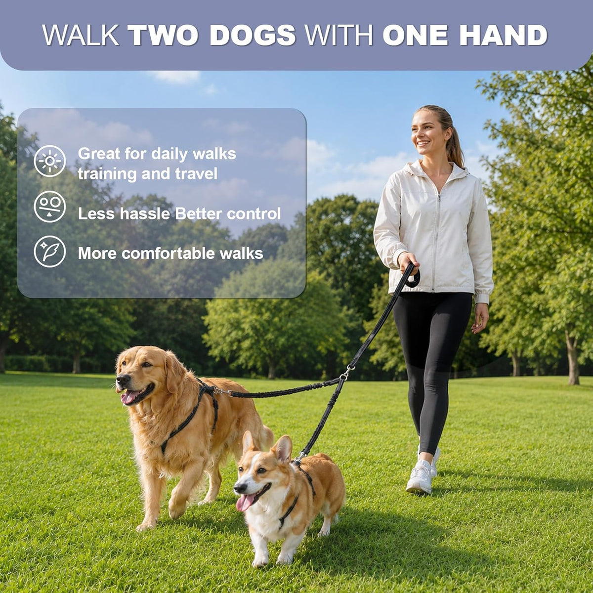 Premium packaging of the PUEENOD authentic imported double dog leash set for two pets.