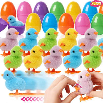 Kiddokids 24 Pack Easter Eggs Prefilled Windup Toys front view showing colorful plastic eggs opening to reveal fluffy yellow jumping chicks
