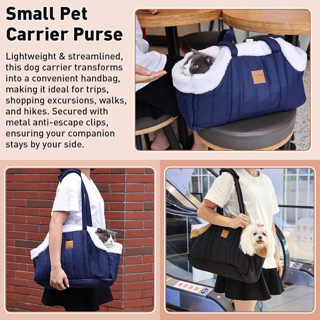 ETIAL Small Dog Carrier Purse, Winter Fleece Warm Dog Tote Bag Carrier with Secure Harness Clip for Puppy Kitten, Waterproof Pet Travel Handbag for Shopping, Hiking and Walking (Black) - Image 5