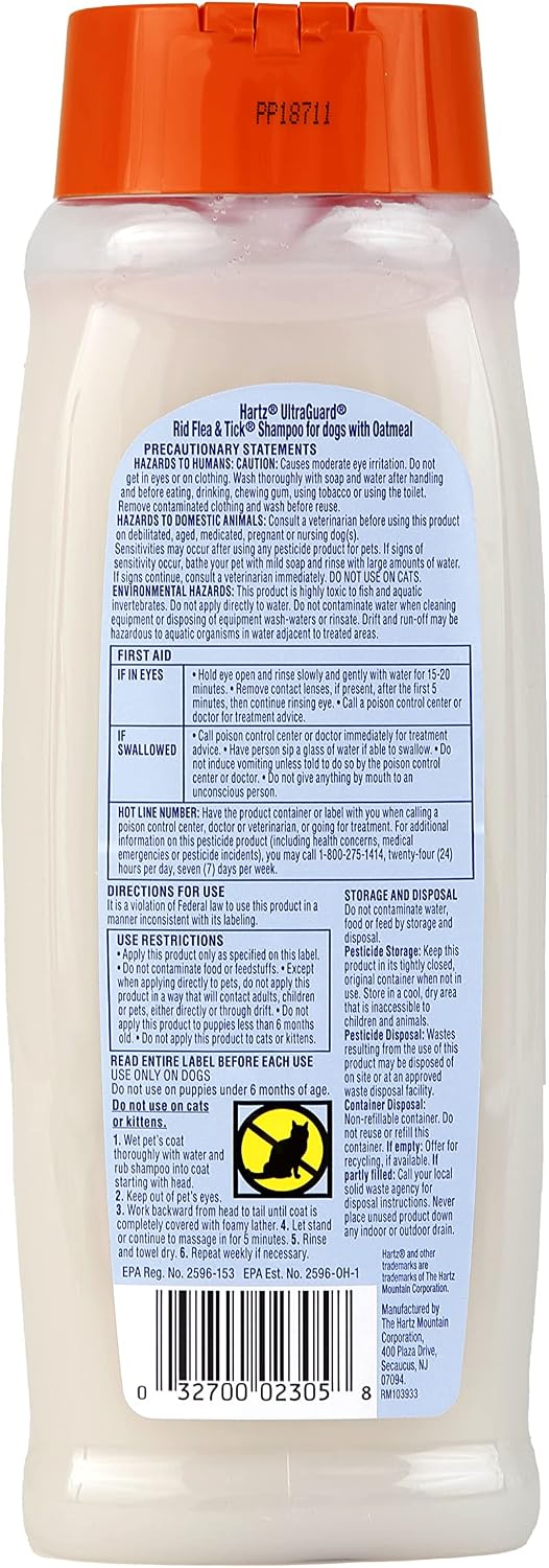 Close up of Hartz flea and tick shampoo bottle branding