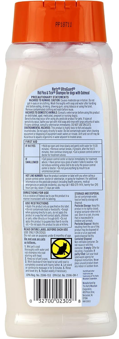 Close up of Hartz flea and tick shampoo bottle branding