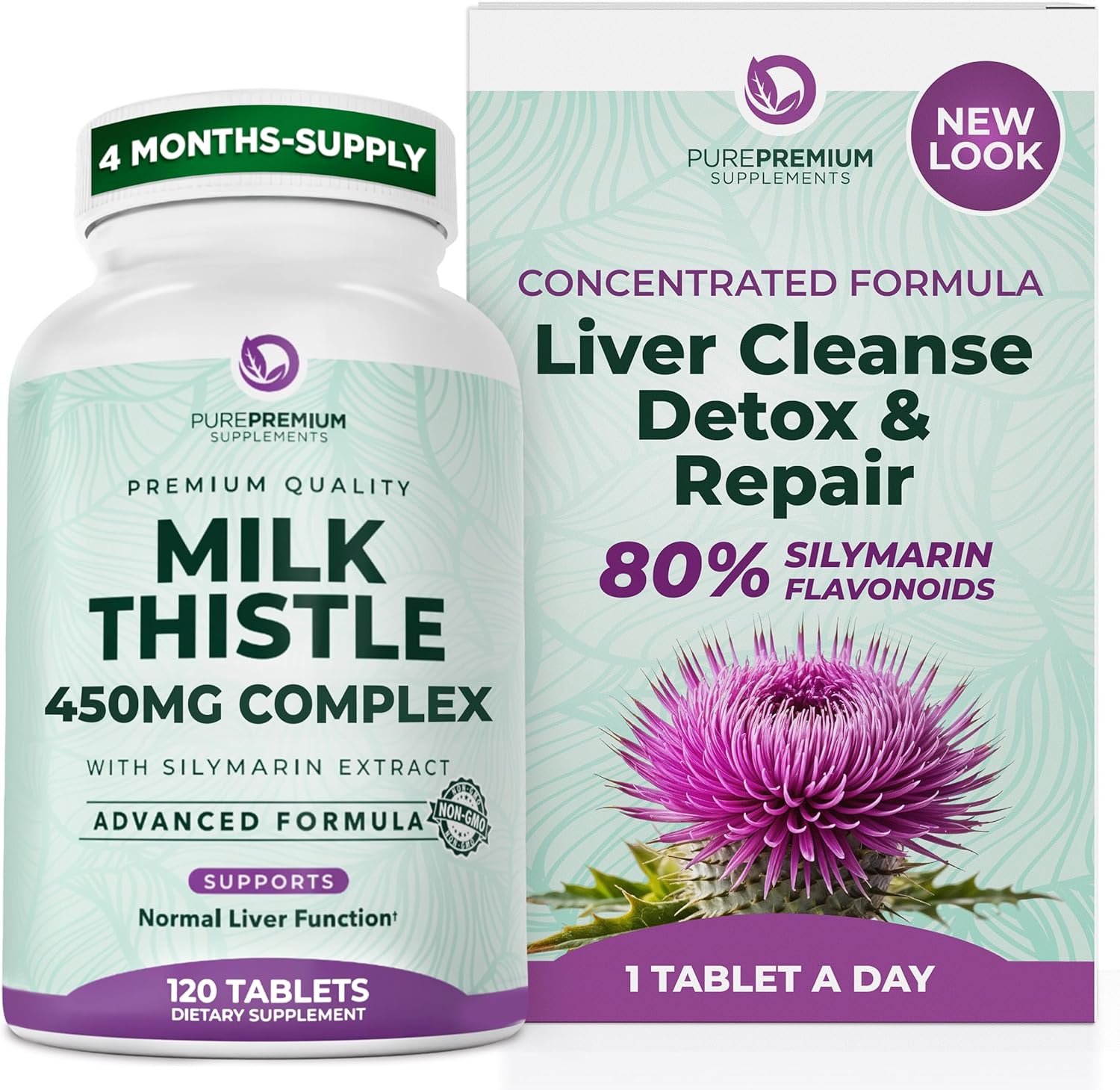 PurePremium Supplements Milk Thistle front label view showing 120 tablets bottle for liver cleanse