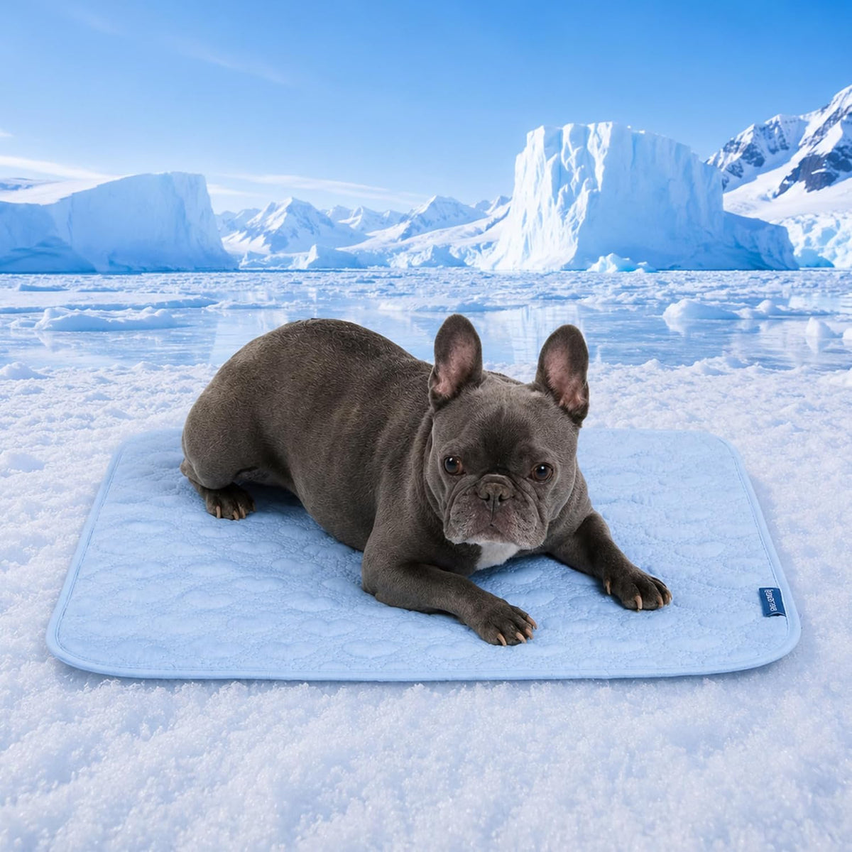 Spark Paws Cooling Mat for Dogs front view showcasing the blue heart pattern