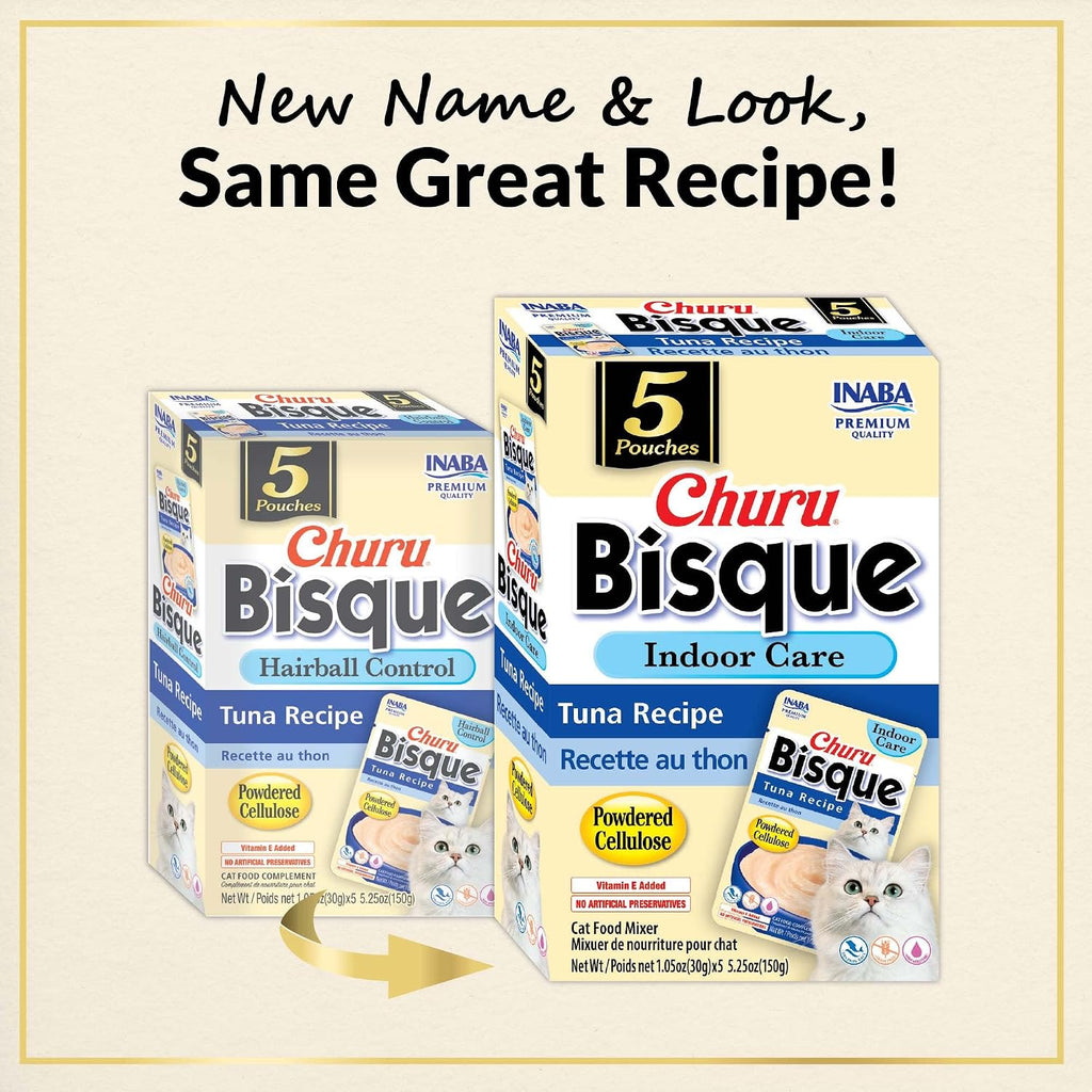 Inaba Churu Bisque packaging highlighting hairball control benefits
