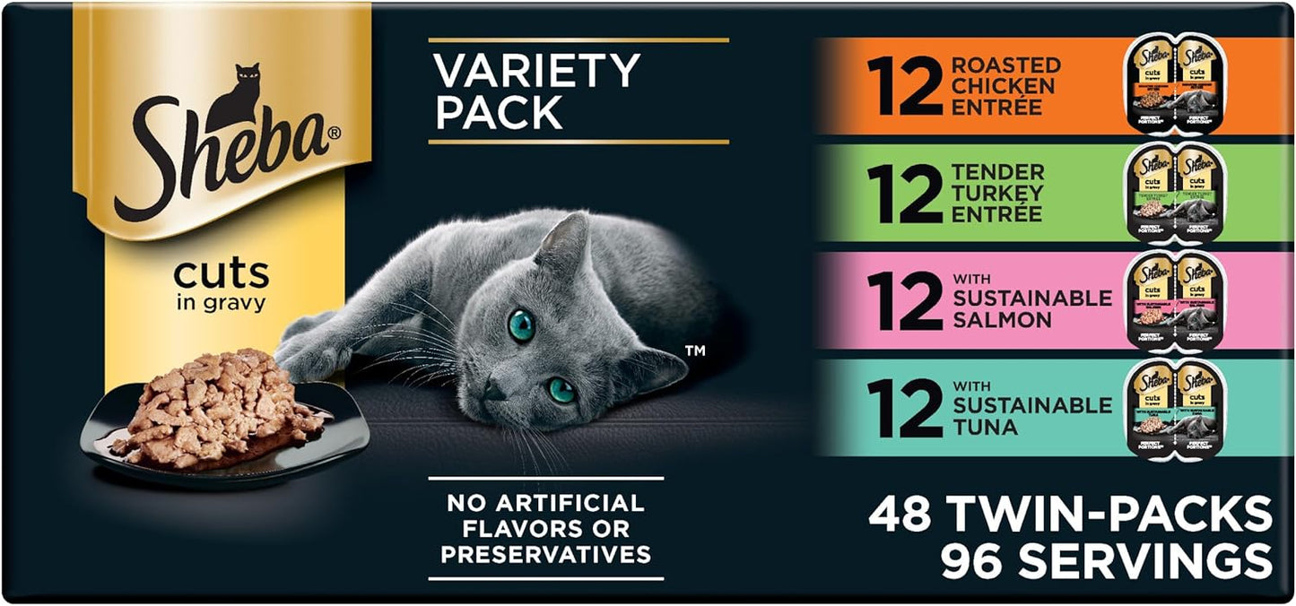 Sheba Perfect Portions Wet Cat Food Cuts in Gravy, Cat Food Wet Recipe, Roasted Chicken Entree, with Sustainable Salmon, Tender Turkey Entree, 2.6 oz. Twin-Pack Trays (24 Count, 48 Servings) - Image 15