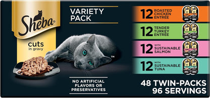 Sheba Perfect Portions Wet Cat Food Cuts in Gravy, Cat Food Wet Recipe, Roasted Chicken Entree, with Sustainable Salmon, Tender Turkey Entree, 2.6 oz. Twin-Pack Trays (24 Count, 48 Servings) - Image 15