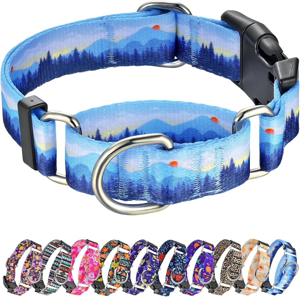 Hikiko Martingale Dog Collar front view featuring blue Hill landscape pattern.