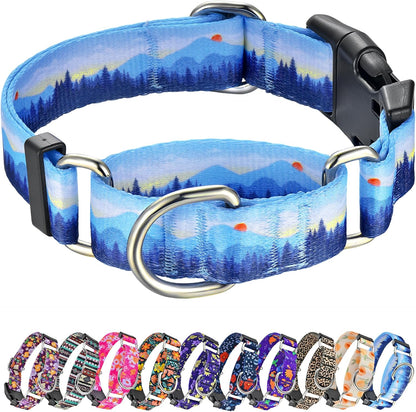 Hikiko Martingale Dog Collar front view featuring blue Hill landscape pattern.