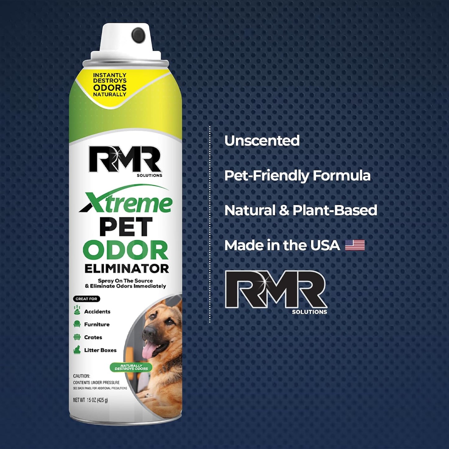 Close up of RMR Pet Odor Eliminator label 15 Ounces