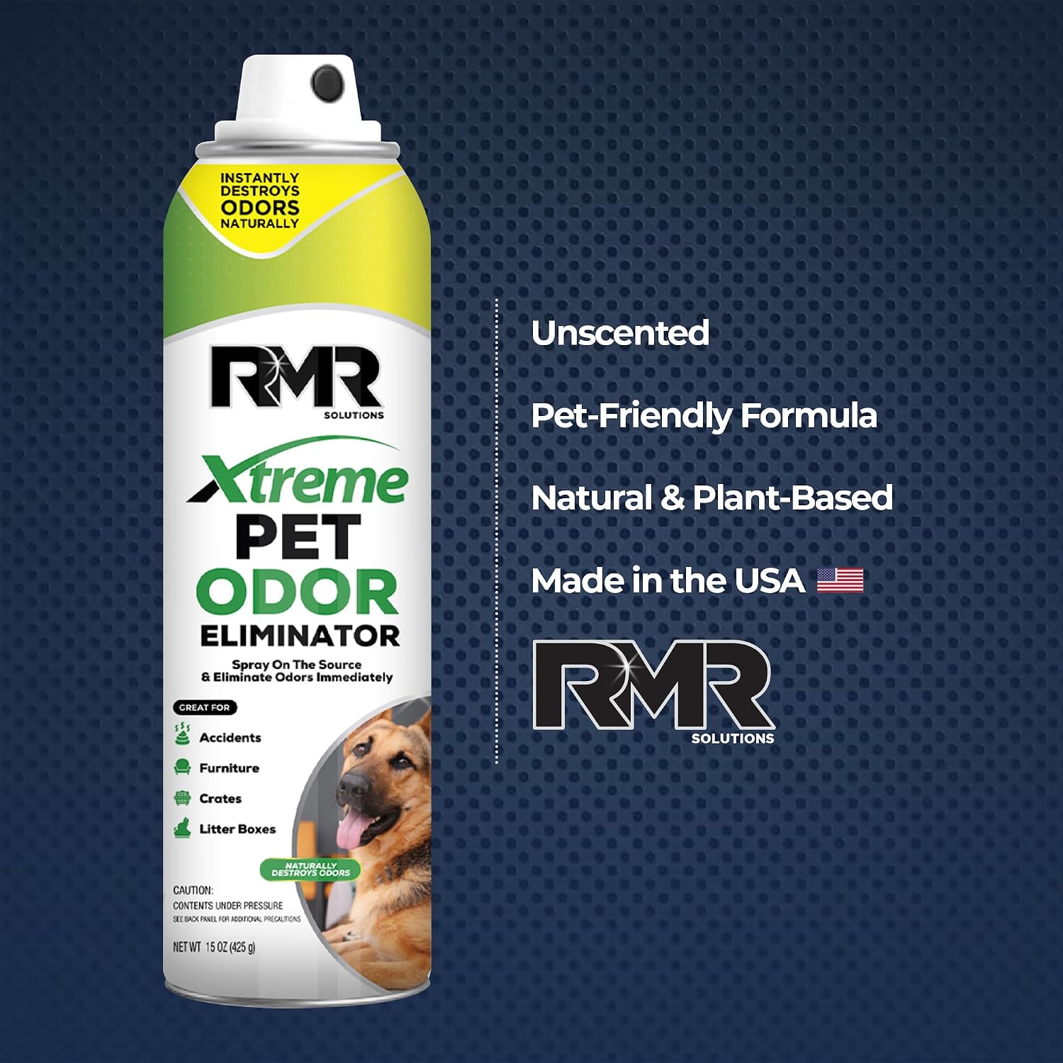 Close up of RMR Pet Odor Eliminator label 15 Ounces