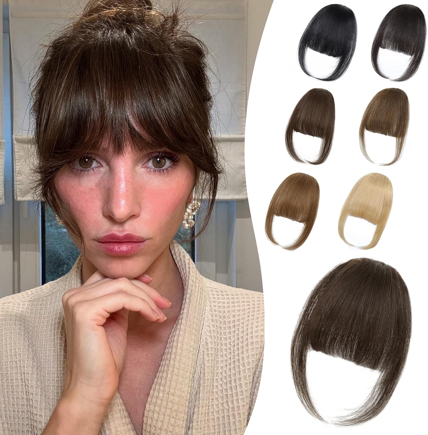 Niceone Hair Wispy Bangs Hair Clip front view showing dark brown real human hair fringe.