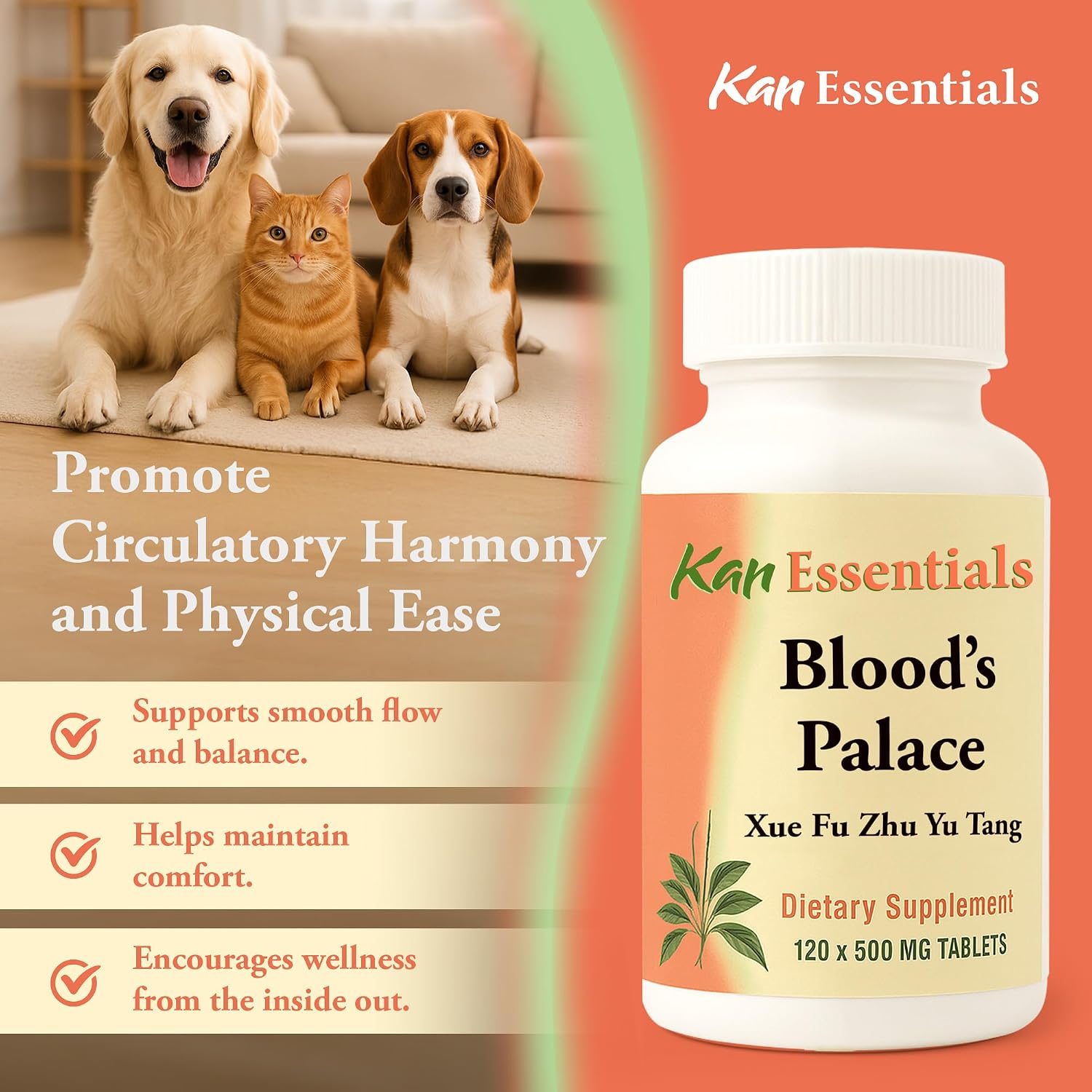 Close up of 120 tablet bottle of Kan Essentials Blood's Palace