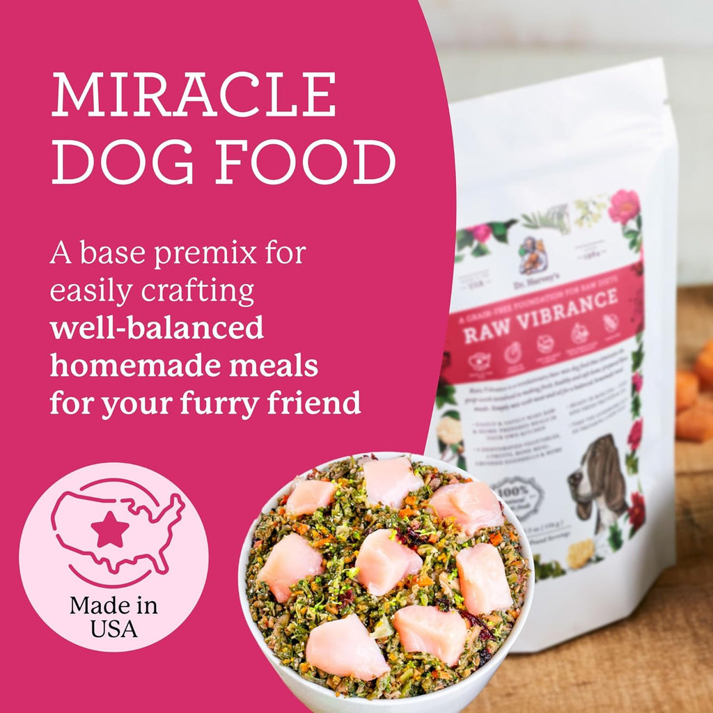 Dr. Harvey's Raw Vibrance packaging showing raw dog food ingredients