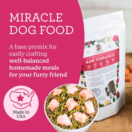 Dr. Harvey's Raw Vibrance packaging showing raw dog food ingredients