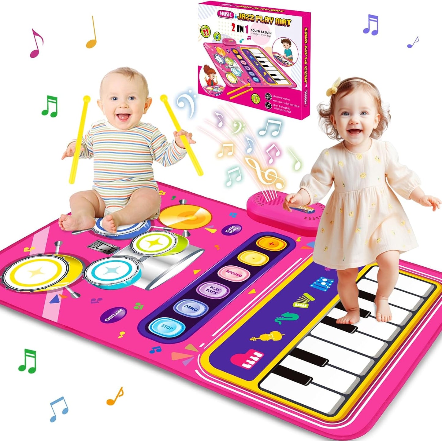 Aitbay 2 in 1 baby piano and drum musical play mat front view showing colorful pink keyboard and drum design