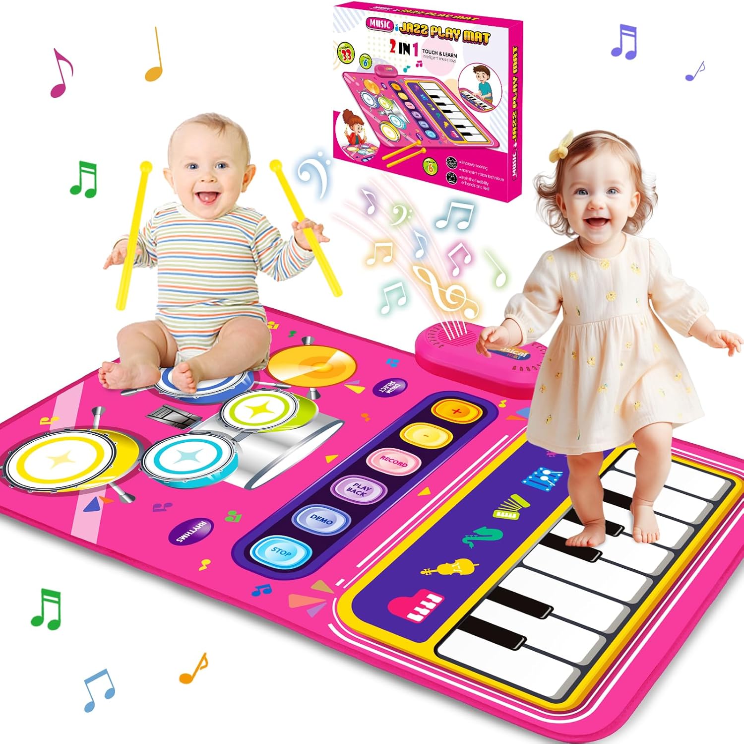 Aitbay 2 in 1 baby piano and drum musical play mat front view showing colorful pink keyboard and drum design