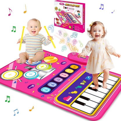 Aitbay 2 in 1 baby piano and drum musical play mat front view showing colorful pink keyboard and drum design