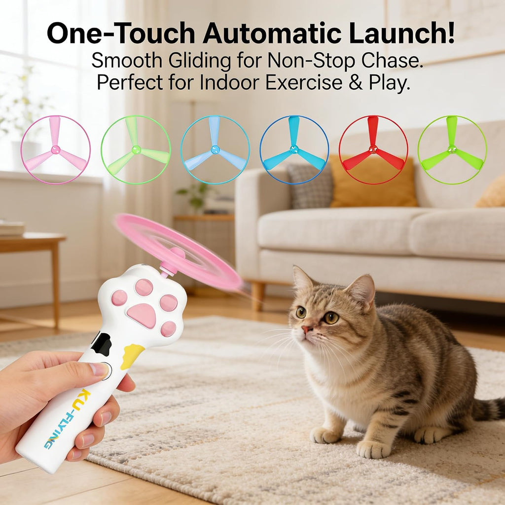 Orebog flying cat toy disc launcher in white for indoor exercise