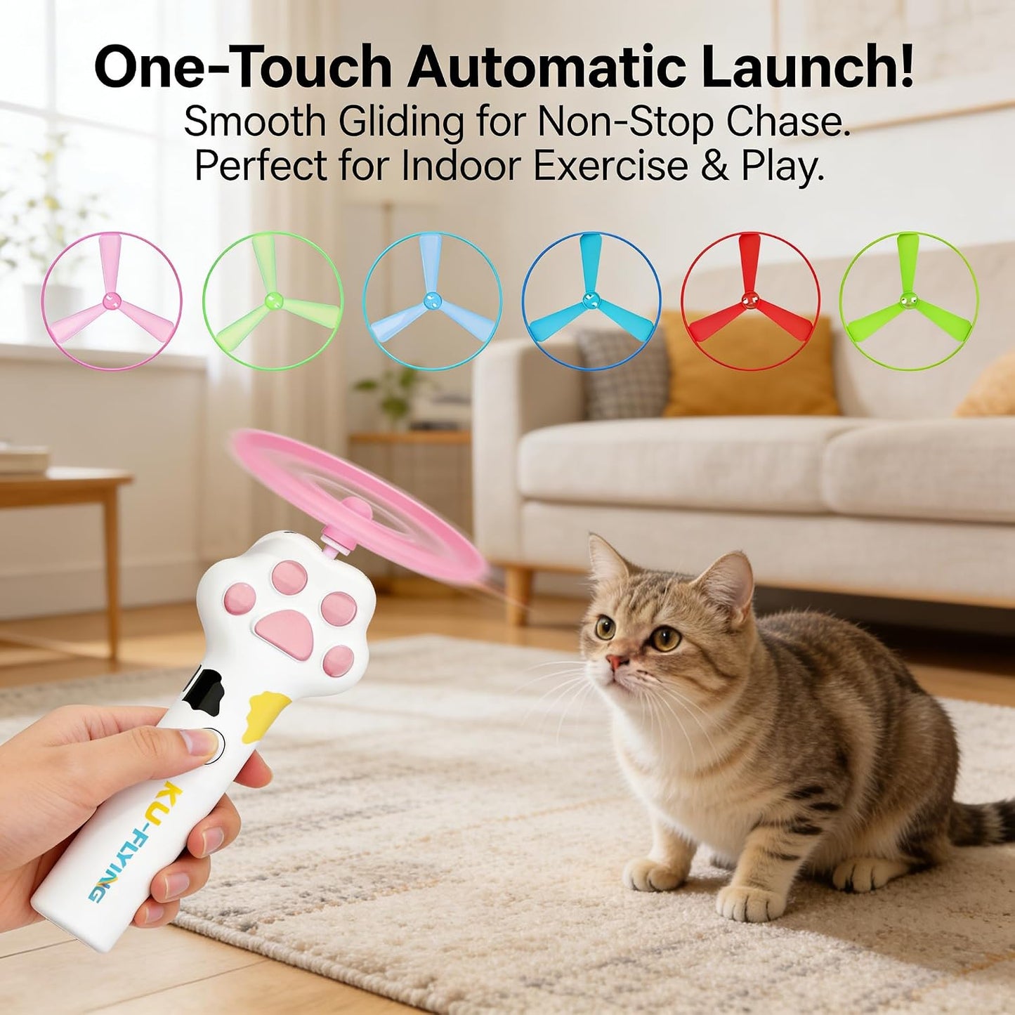 Orebog flying cat toy disc launcher in white for indoor exercise