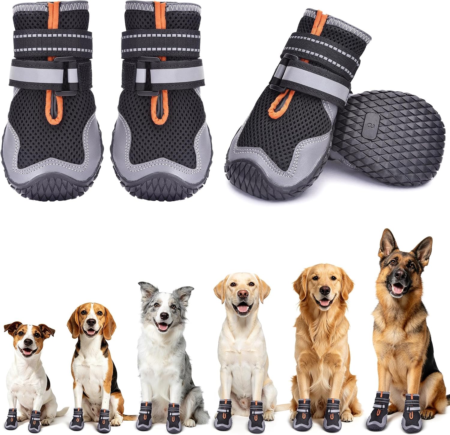 Dimicoo breathable dog shoes front view for summer pavement protection.