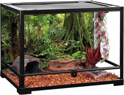 Tropical jungle fish tank background landscape layout for external enclosure installation.