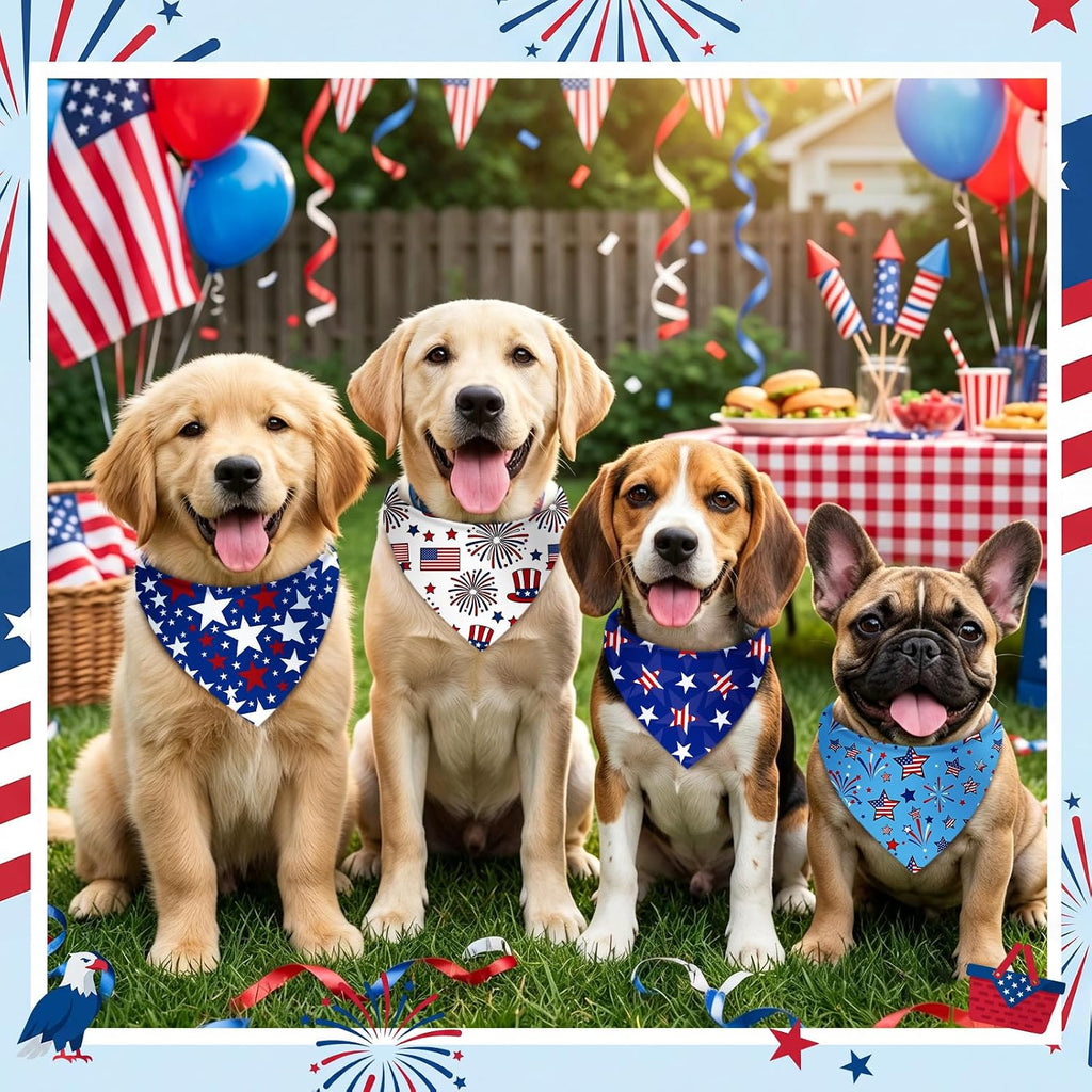 Various styles of Abbylike patriotic dog accessories displayed