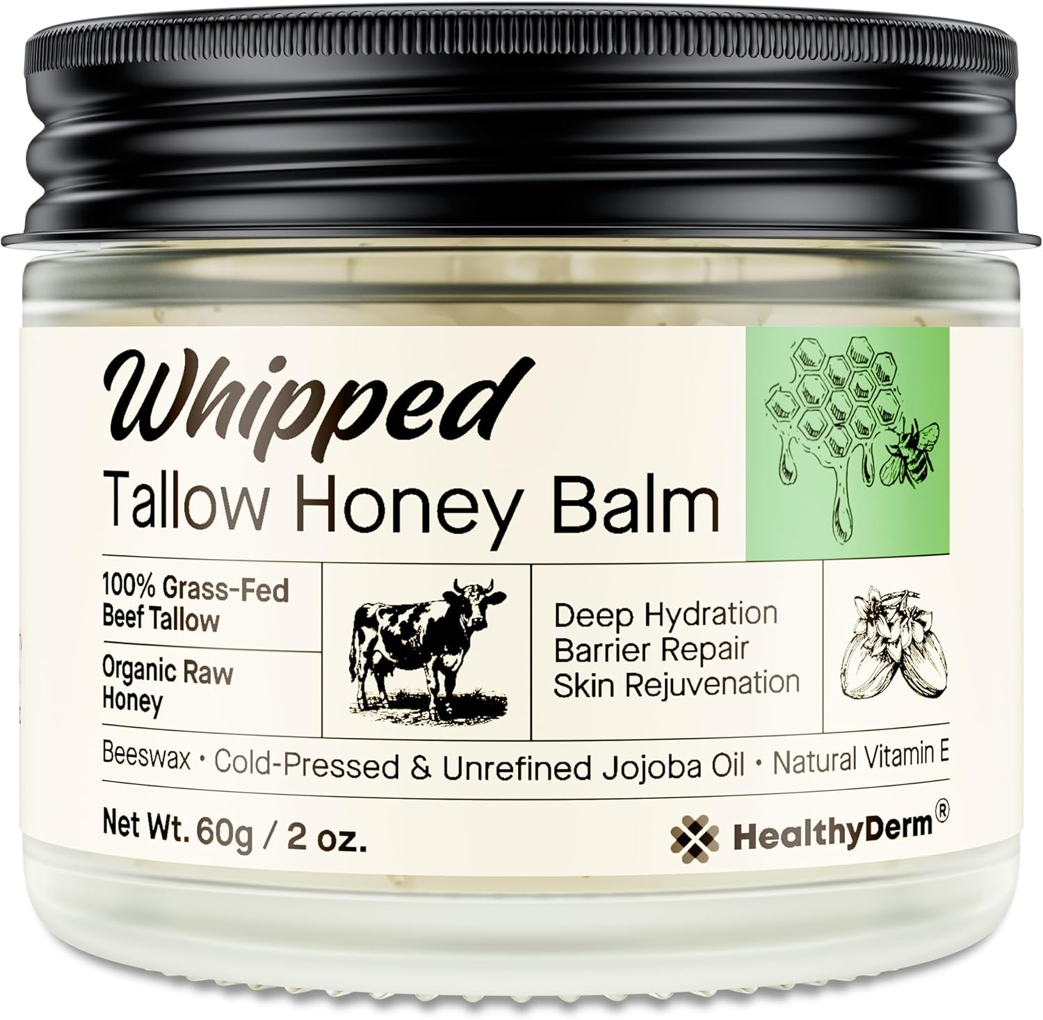 HealthyDerm Beef Tallow and Honey Balm front view of the whipped moisturizer jar