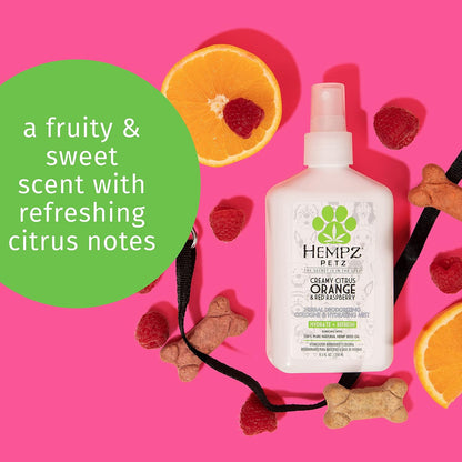 Back label of Hempz Petz deodorizing spray indicating the vegan and paraben free formula.