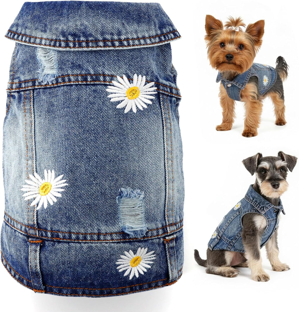 Side profile of a small pug wearing the embroidered flower denim vest during an outdoor walk.