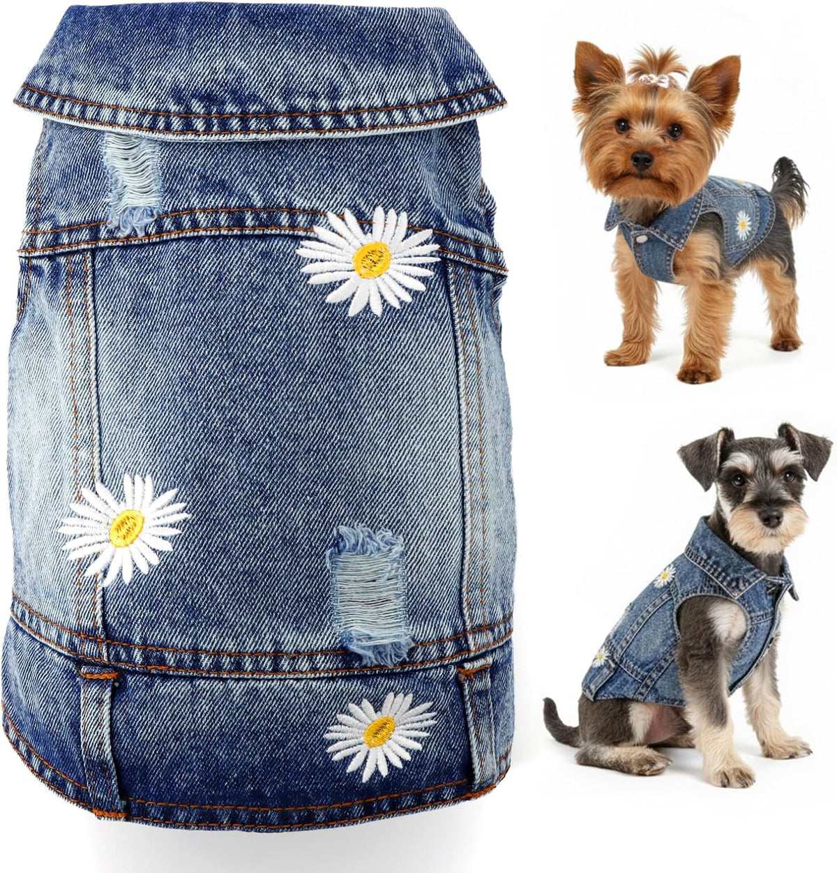 Side profile of a small pug wearing the embroidered flower denim vest during an outdoor walk.