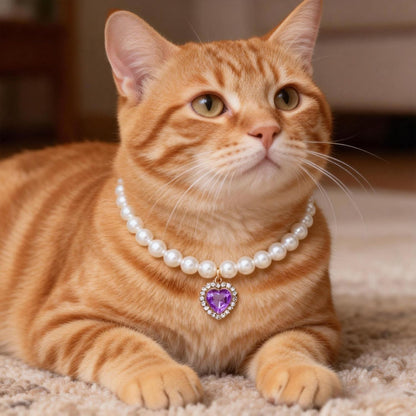 Adjustable pearl collar with crystal pendant for small cat