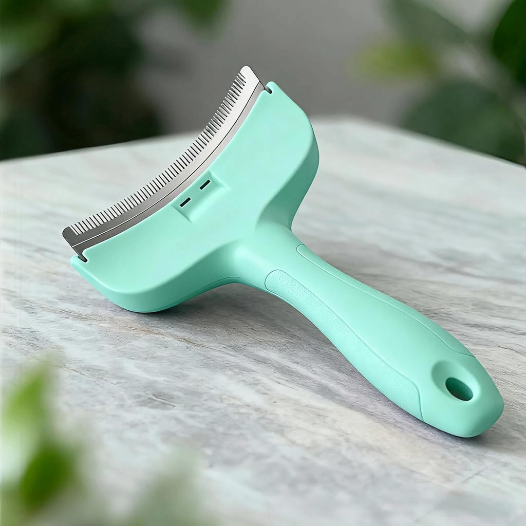 Treayes Green Small Deshedding Dog Brush front view professional grooming tool for cats and small dogs.