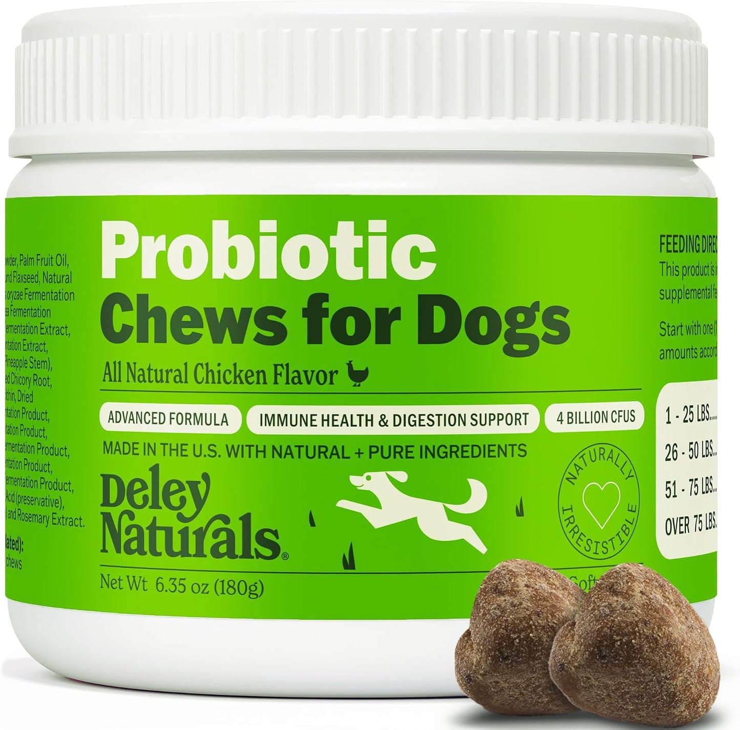 Dog eating chicken flavored probiotic chew supplement