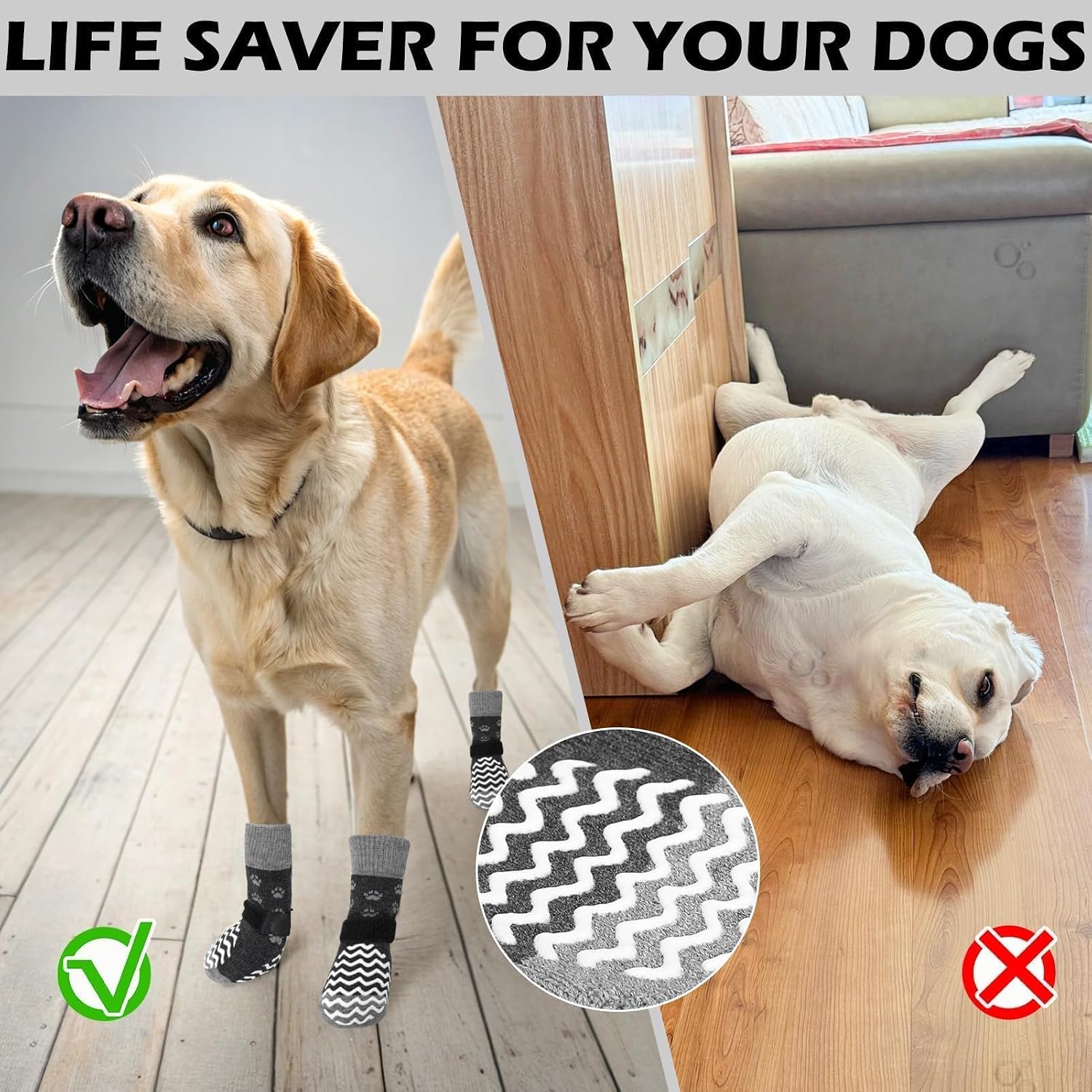 Dog wearing Expawlorer socks on hardwood floor