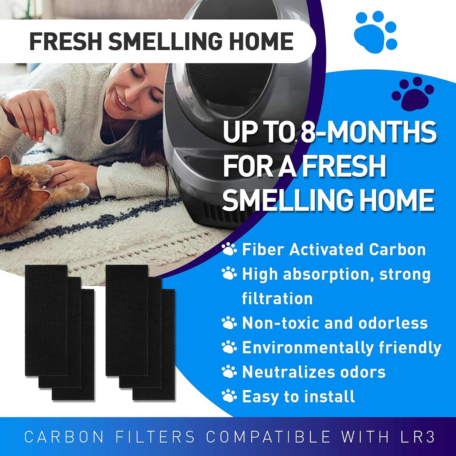 Six pieces of replacement activated carbon filter pads for automatic cat waste drawers laid out horizontally