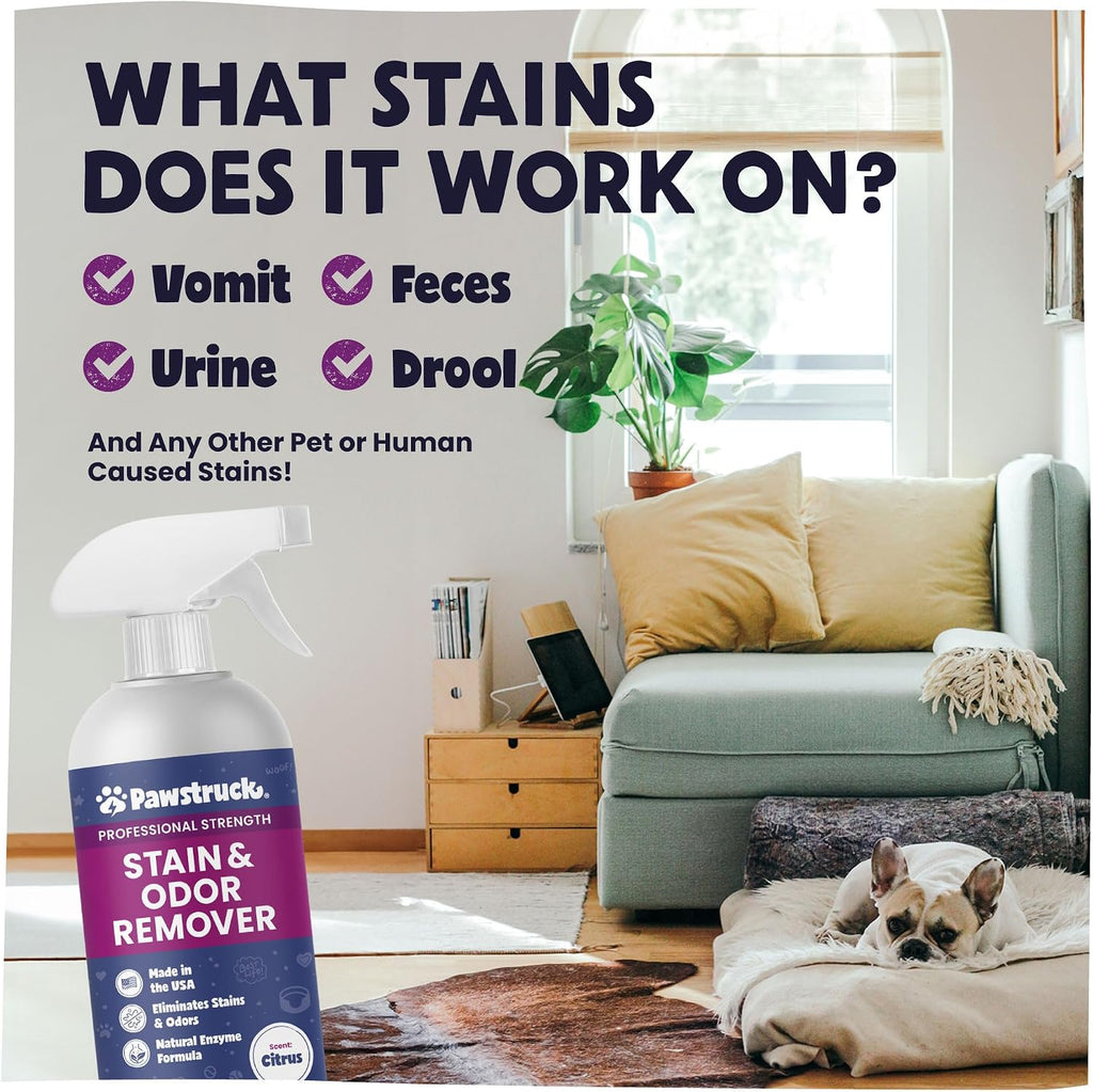 Pawstruck natural cleaning solution bottle next to text highlights