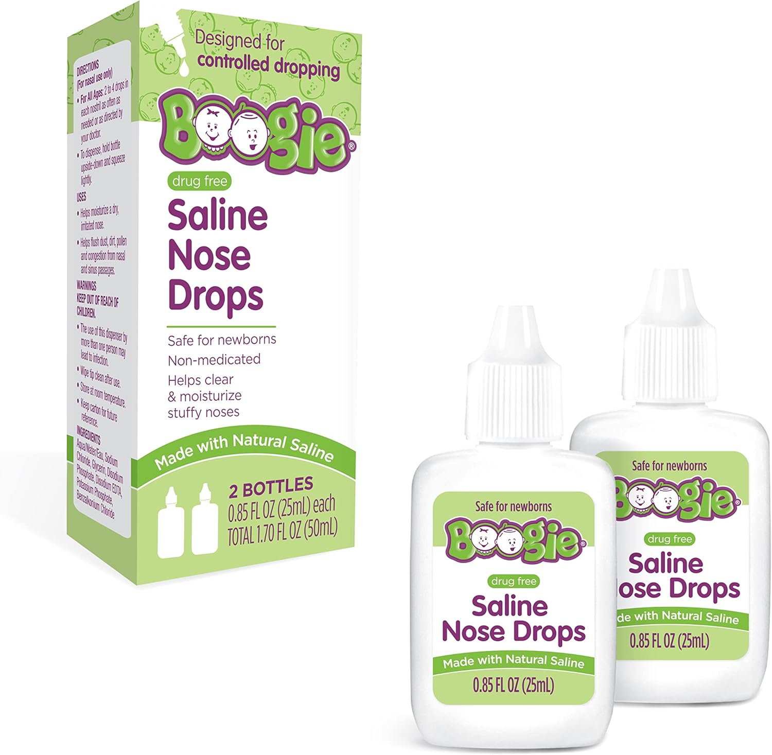 Boogie Wipes baby nasal saline drops twin pack front view for infant allergy relief.
