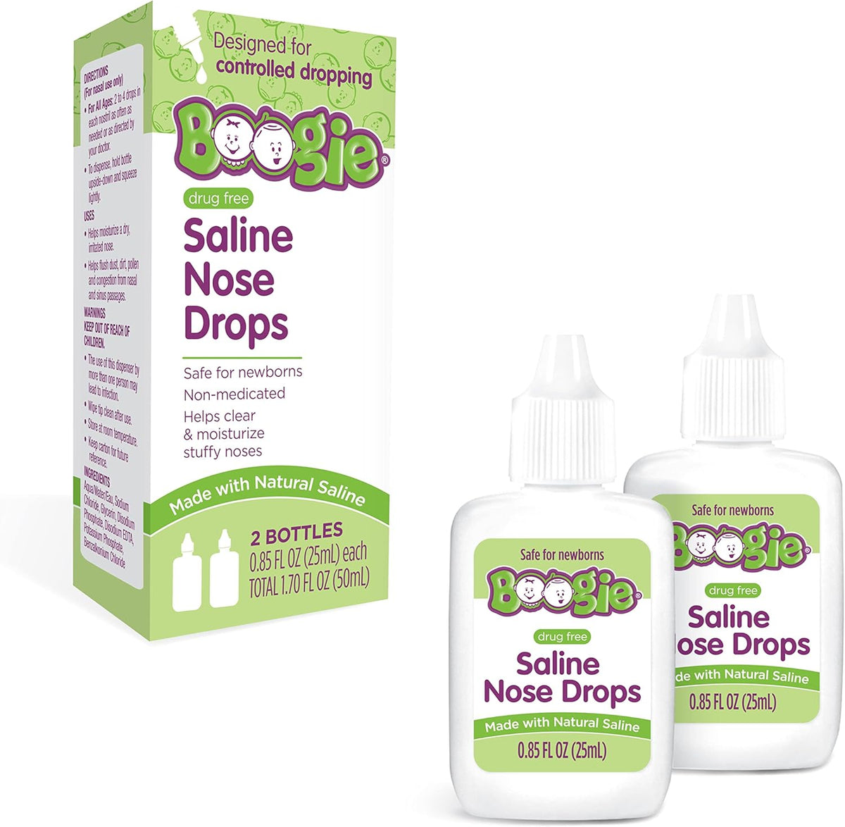 Boogie Wipes baby nasal saline drops twin pack front view for infant allergy relief.
