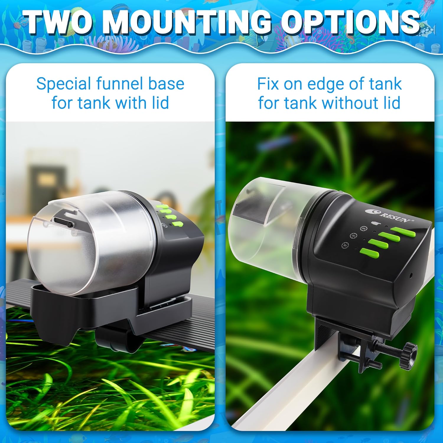 Ycozy fish tank feeder featuring the two interchangeable moisture proof food containers in one hundred milliliters and two hundred milliliters.