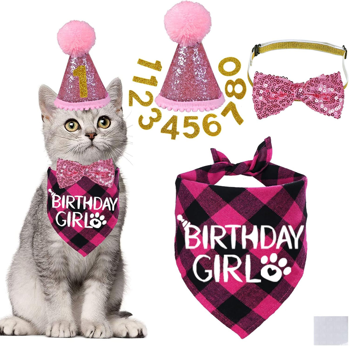 STMK Cat Birthday Decorations, Cat Birthday Hat with Number Bandana Bow Tie Collar for Cats Kittens Apparel Birthday Outfits - Image 12
