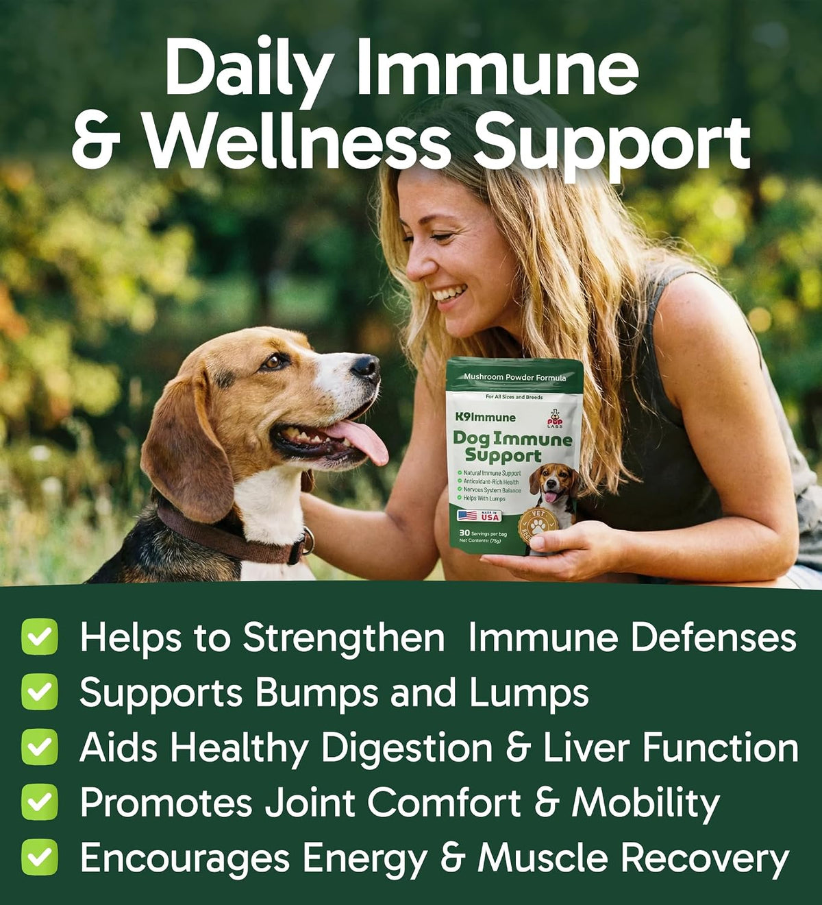 Pup Labs dog immune support formula packaging showing 30 servings details