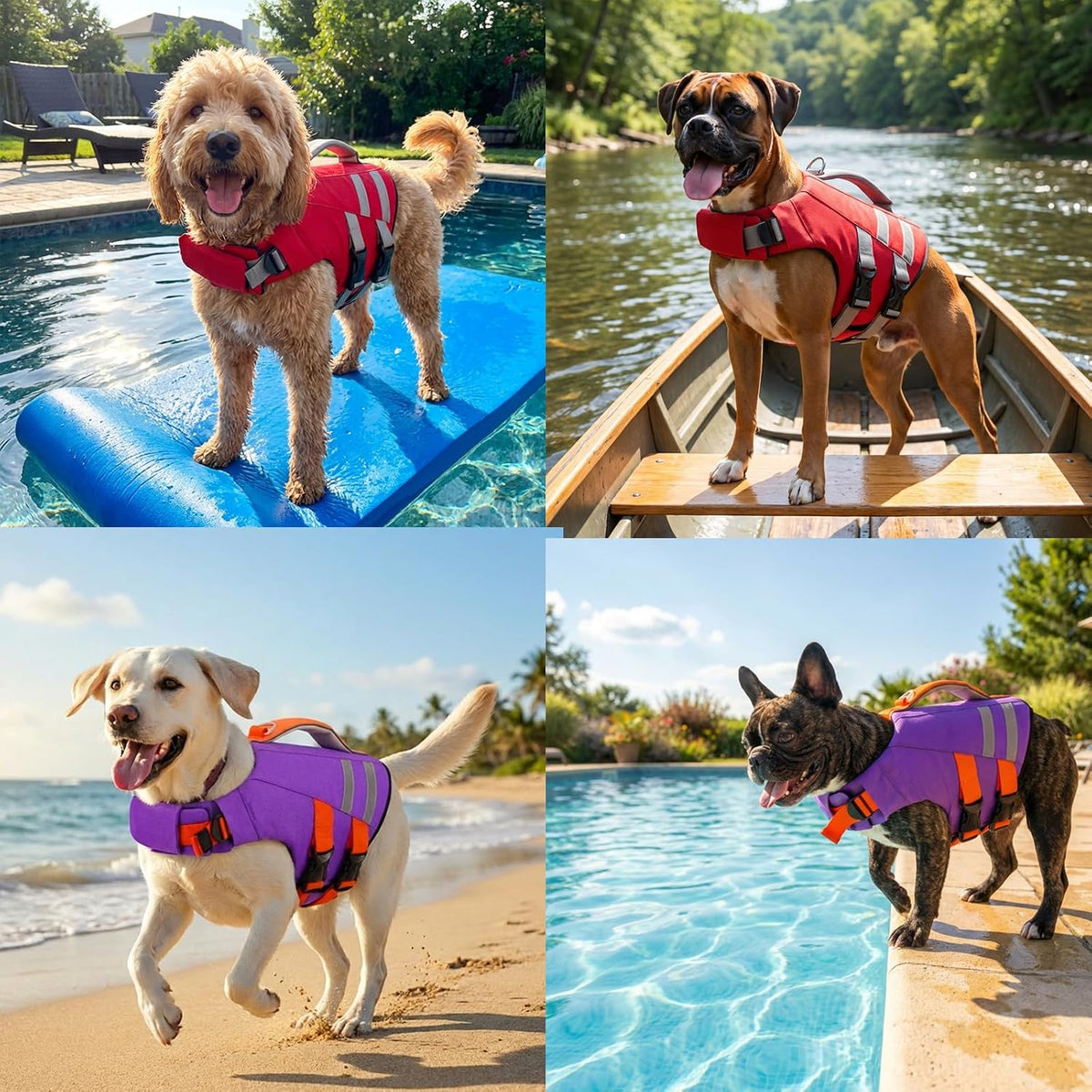 LeLePet pet flotation vest packaging showing the comprehensive sizing guidance chart for small to large breeds.