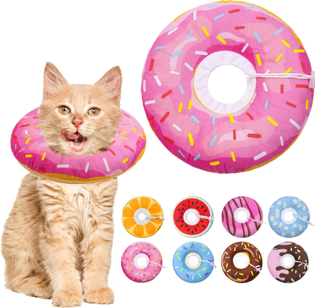 Seyezo Cat Cone Collar Soft Pink Donut design front view on a small kitten