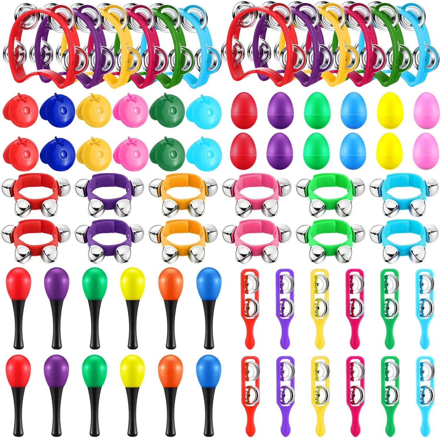 Silipull 72 pieces kids musical instruments set front view showing a vibrant bulk collection of percussion toys.