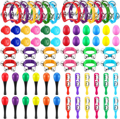 Silipull 72 pieces kids musical instruments set front view showing a vibrant bulk collection of percussion toys.