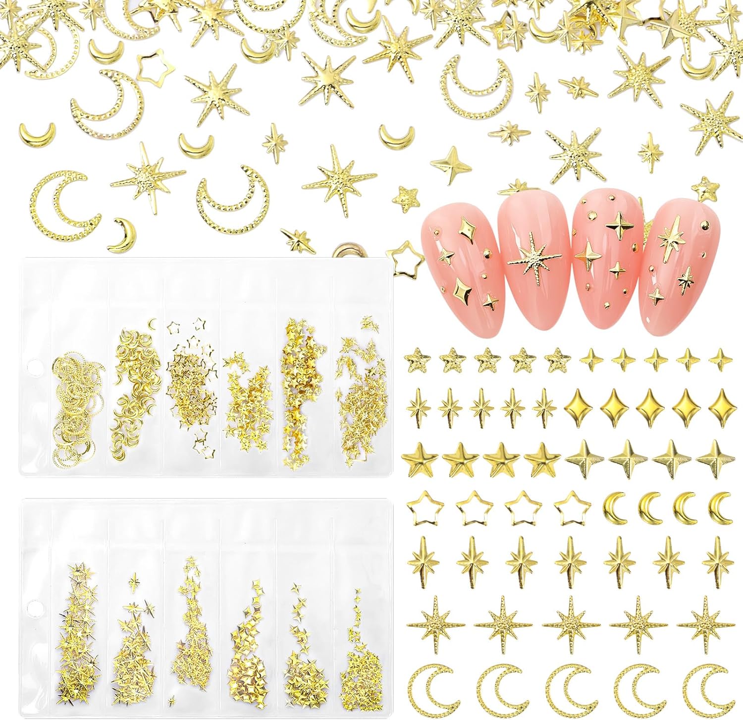 KEHKFSEF star moon gold nail charms front view showcasing celestial 3D metallic studs
