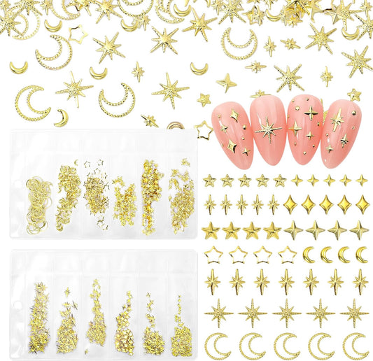 KEHKFSEF star moon gold nail charms front view showcasing celestial 3D metallic studs