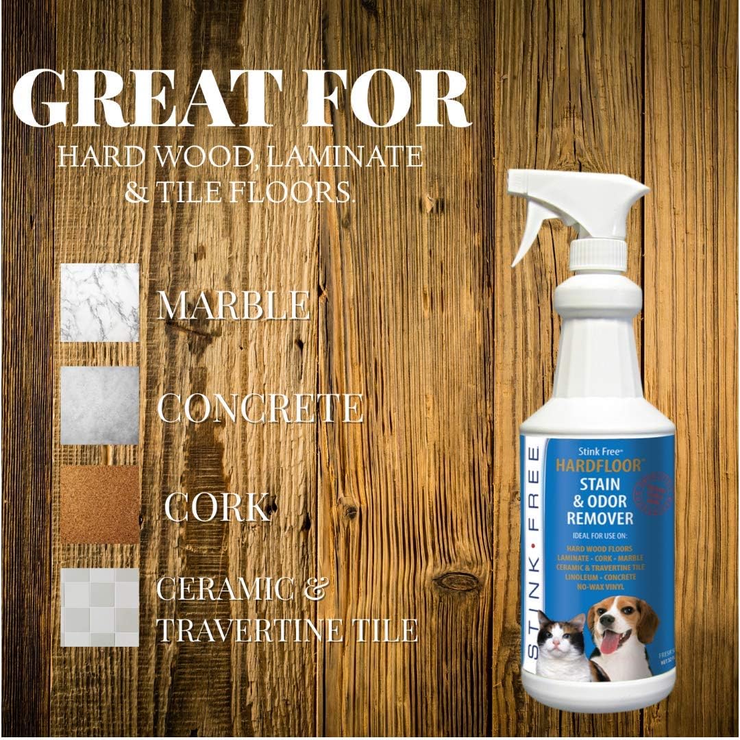 Stink Free hard surface pet urine odor destroyer being applied to sealed hardwood flooring.