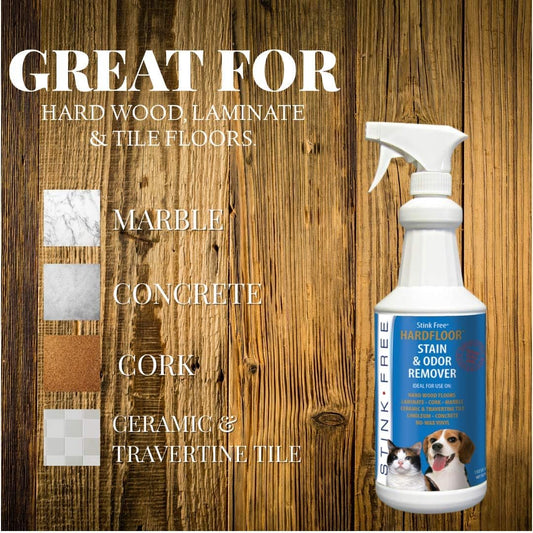 Stink Free hard surface pet urine odor destroyer being applied to sealed hardwood flooring.