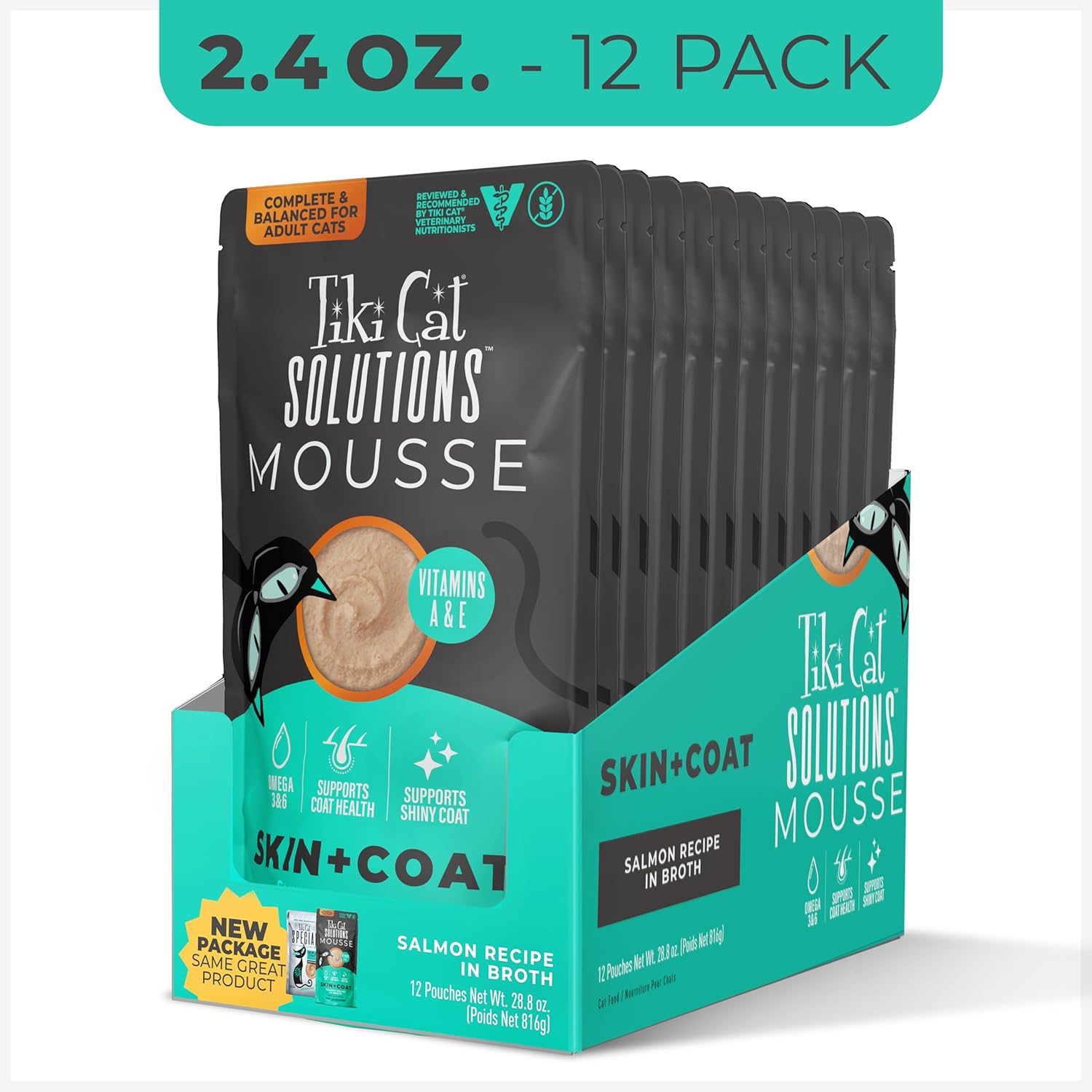 Tiki Cat Skin and Coat Salmon formula twelve count box packaging lifestyle view